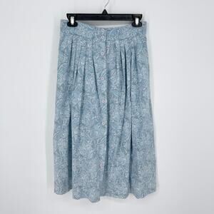 Crescent Bay VINTAGE Skirt 12 Blue Floral Paisley Pleats Buttons Elastic Waist